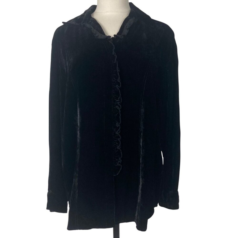 J Jill Crushed Velvet Button Up Top Womens M Black Whimsigoth Goth Fairy Grunge